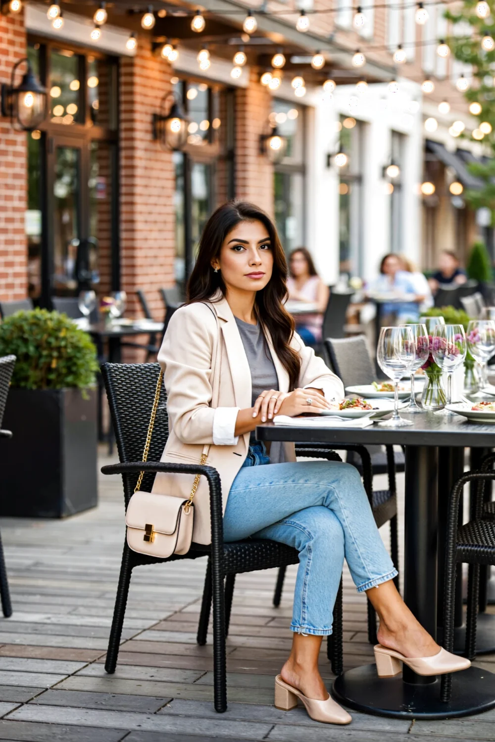 Woman in a lightweight blazer over a tee and light blue jeans dining on a patio, nude mules and sleek mini shoulder bag beside her