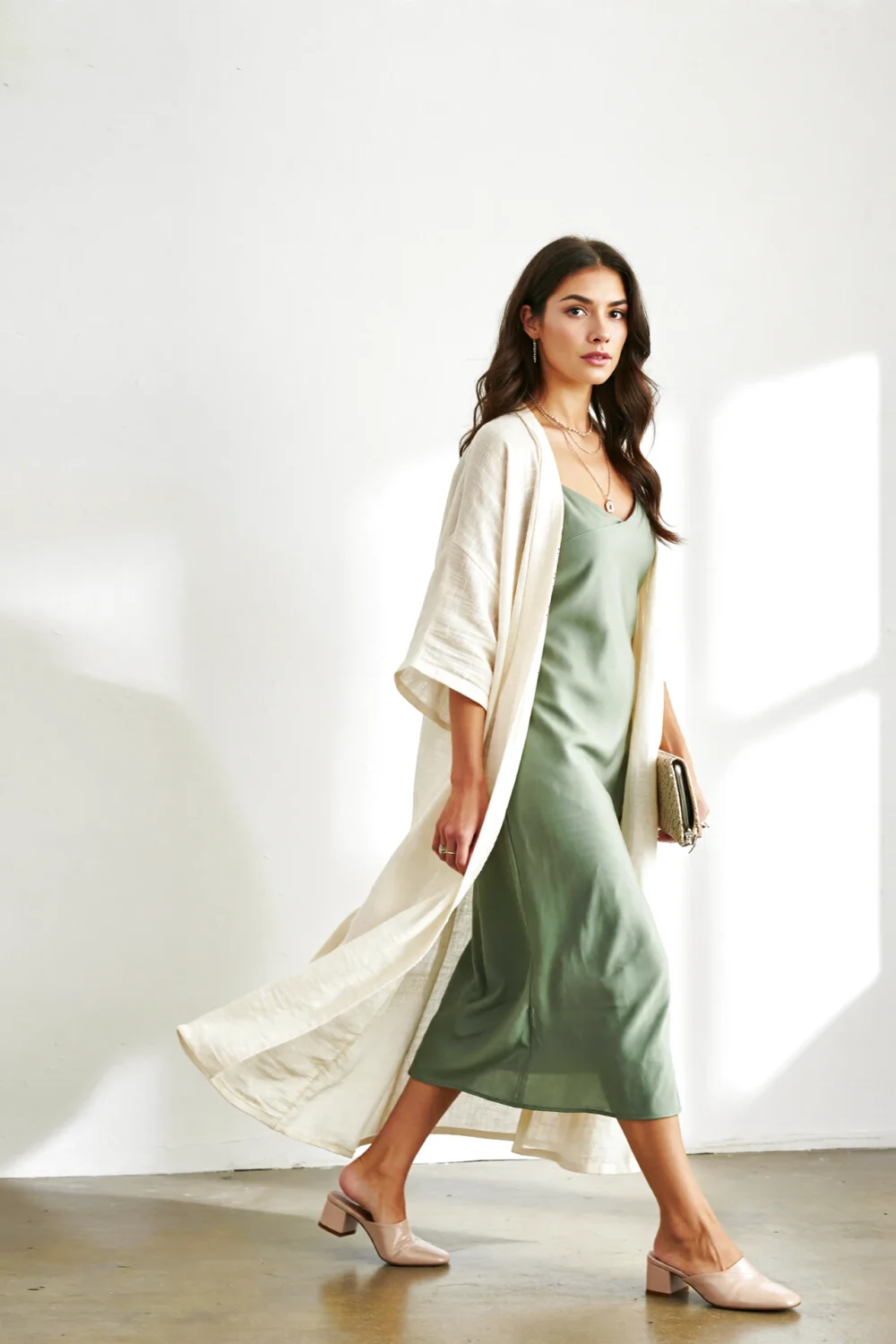 Woman wearing a long lightweight duster over a sage midi slip dress, linen-like fabric skimming body as it swirls with movement.
