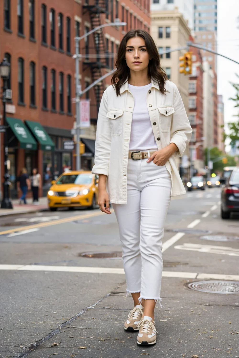 Lightweight cream shacket over white tee and ankle-length white denim, styled with retro runners for effortless city streetwear