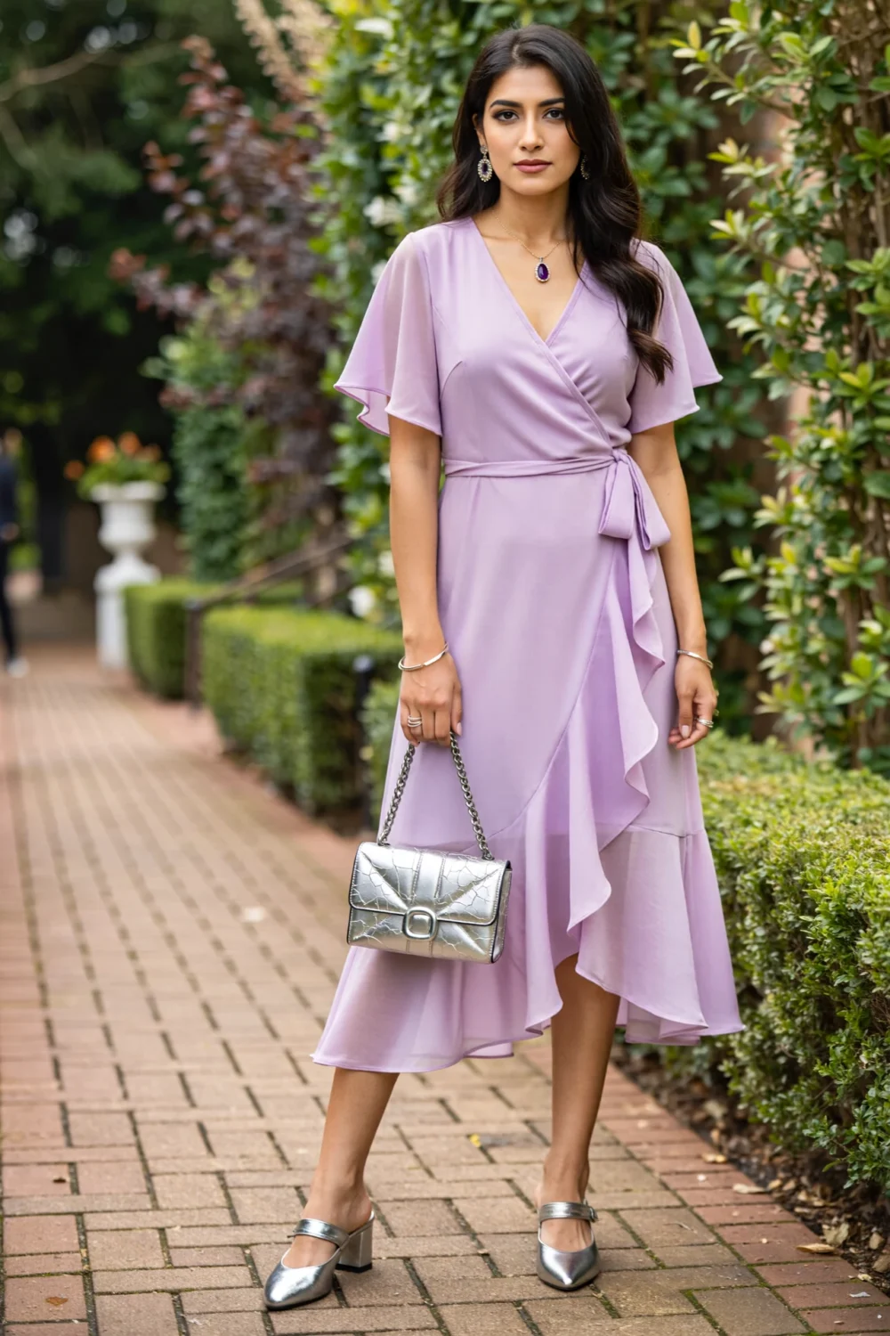 Woman in lilac chiffon wrap midi with flutter sleeves, silver heels, chain bag and amethyst pendant in a garden path setting