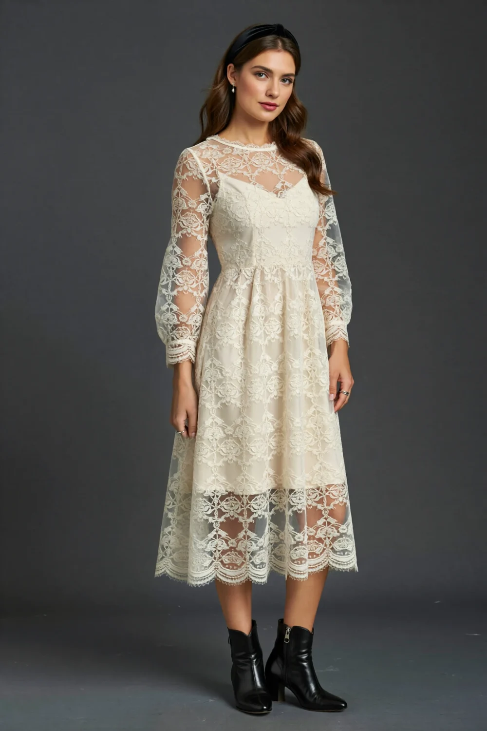 Cream lined Chantilly lace midi dress with sheer sleeves and black ankle boots for a romantic, autumnal wedding-ready gothic look
