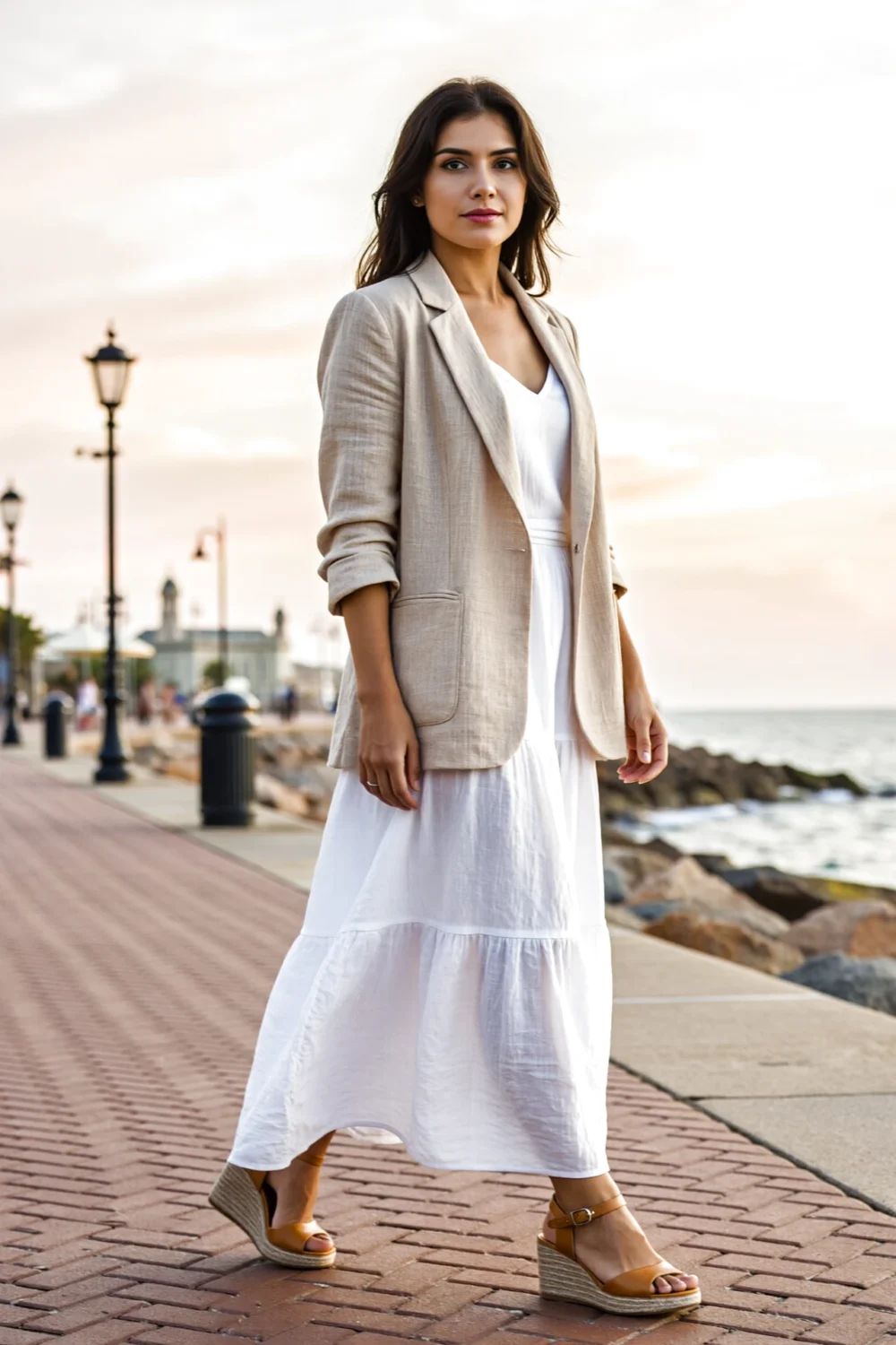Woman wearing a beige linen blazer over a white flowing maxi dress on a seaside promenade at sunset, breathable summer evening look