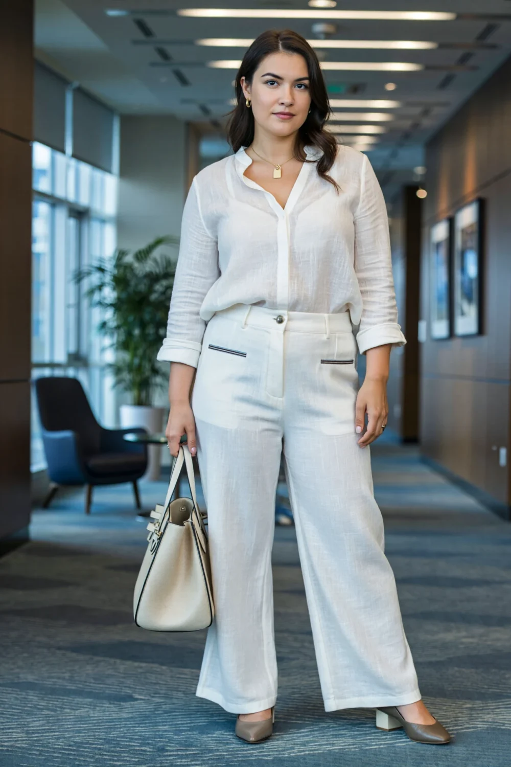 Woman in linen-blend blouse and wide-leg trousers with clean accessories, styled for a polished summer conference outfit indoors