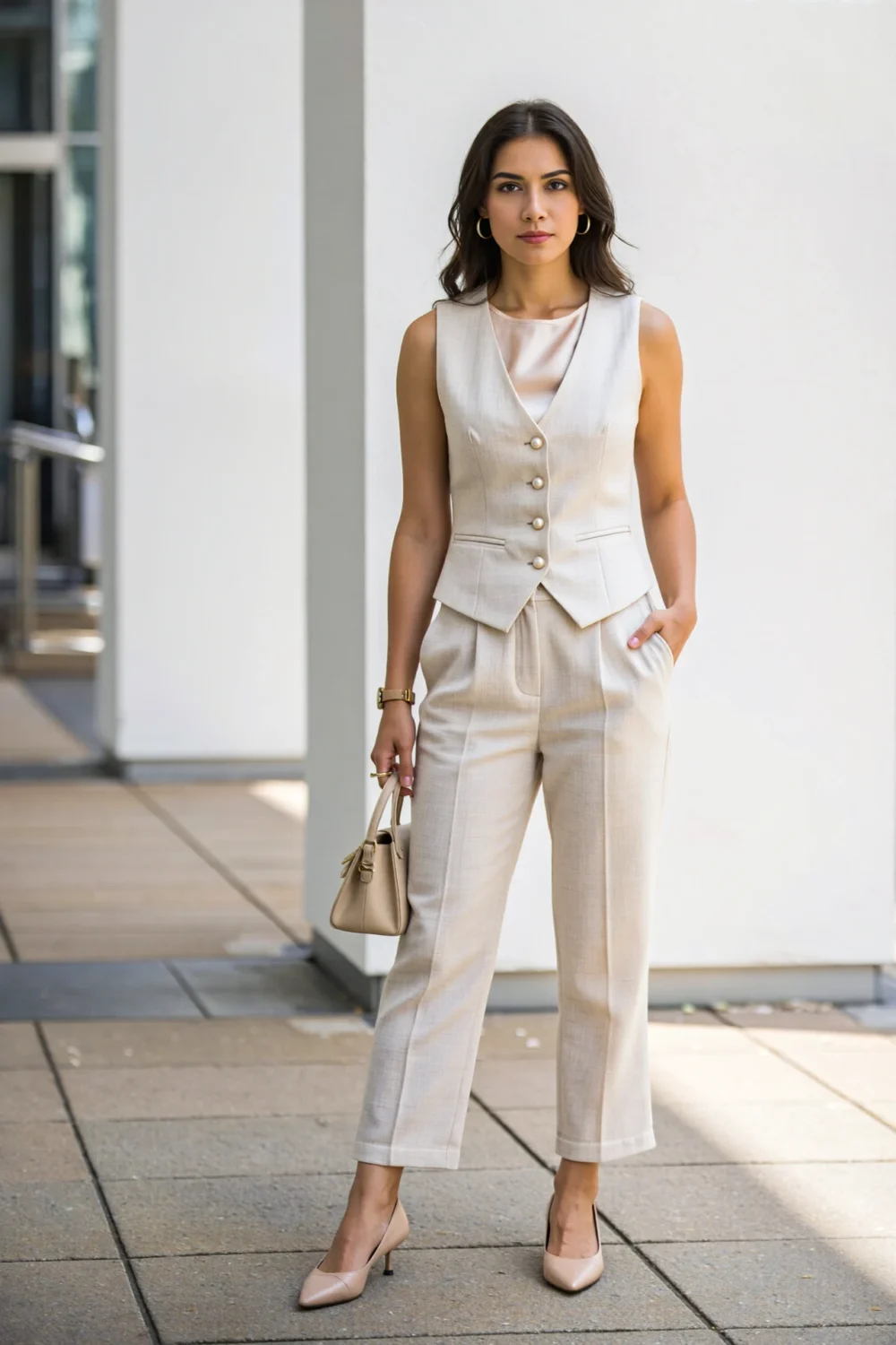 Beige linen-blend vest suit with cap-sleeve blouse and trousers, styled with flats for a breathable, polished summer look.