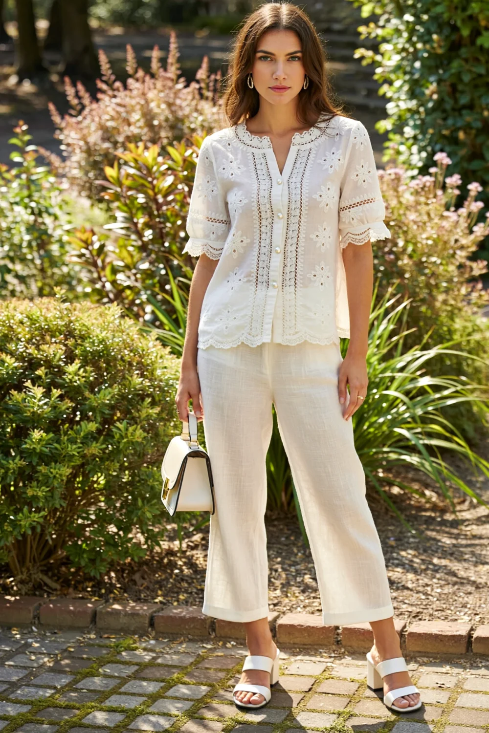 Woman in linen trousers and a lace embroidered top, styled with white heels and handbag, creating a polished summer outfit outdoors