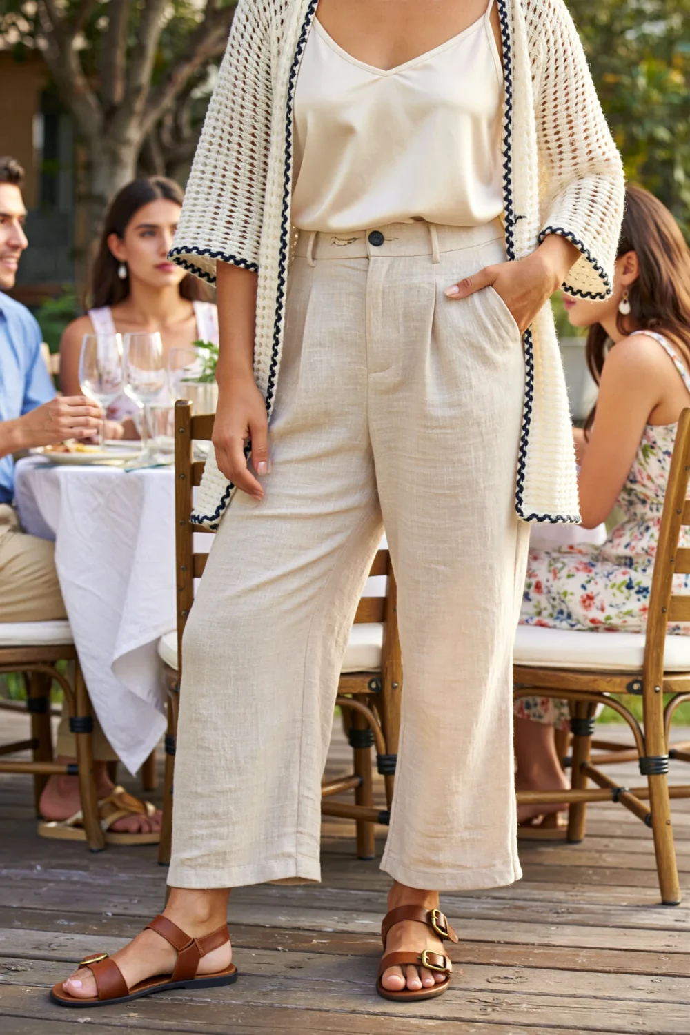 Woman in linen trousers, polished tank, light cardigan, and flat sandals at a relaxed family outdoor gathering, stylish and comfortable
