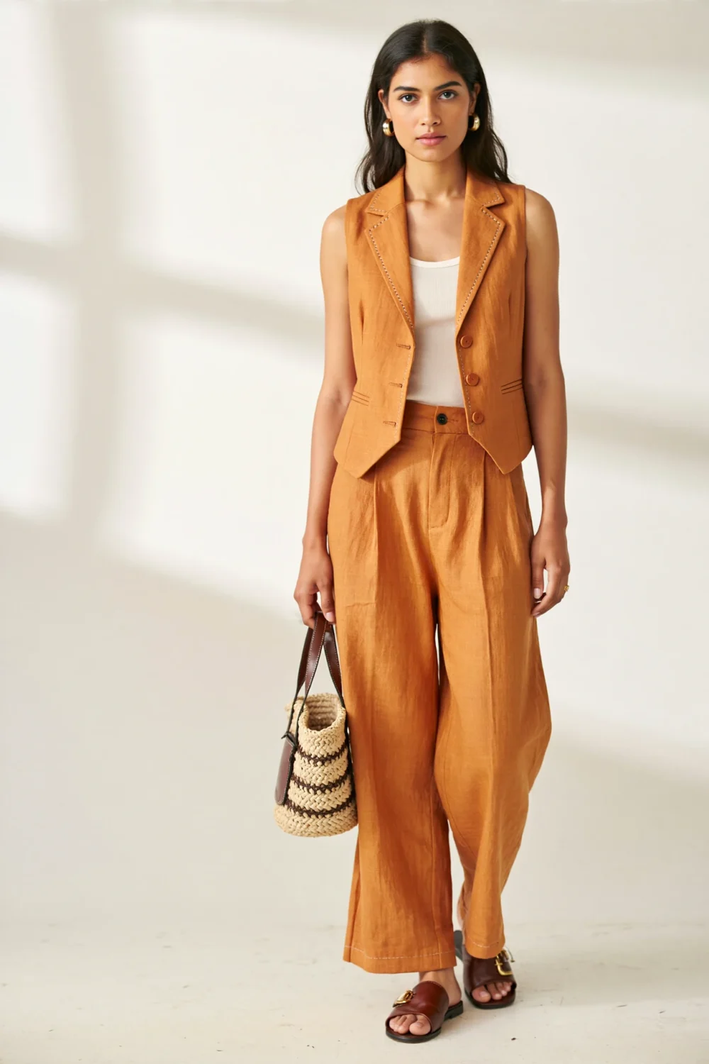 Woman in linen vest and ribbed tank with citrus wide-leg pants, crochet raffia bag, and brass-detailed slides for summer polish