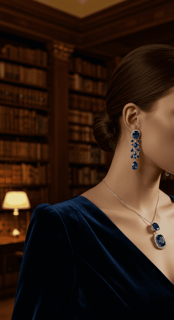 A woman wearing long sapphire dangle earrings and a petite pendant necklace, showcasing a stylish jewelry combination.