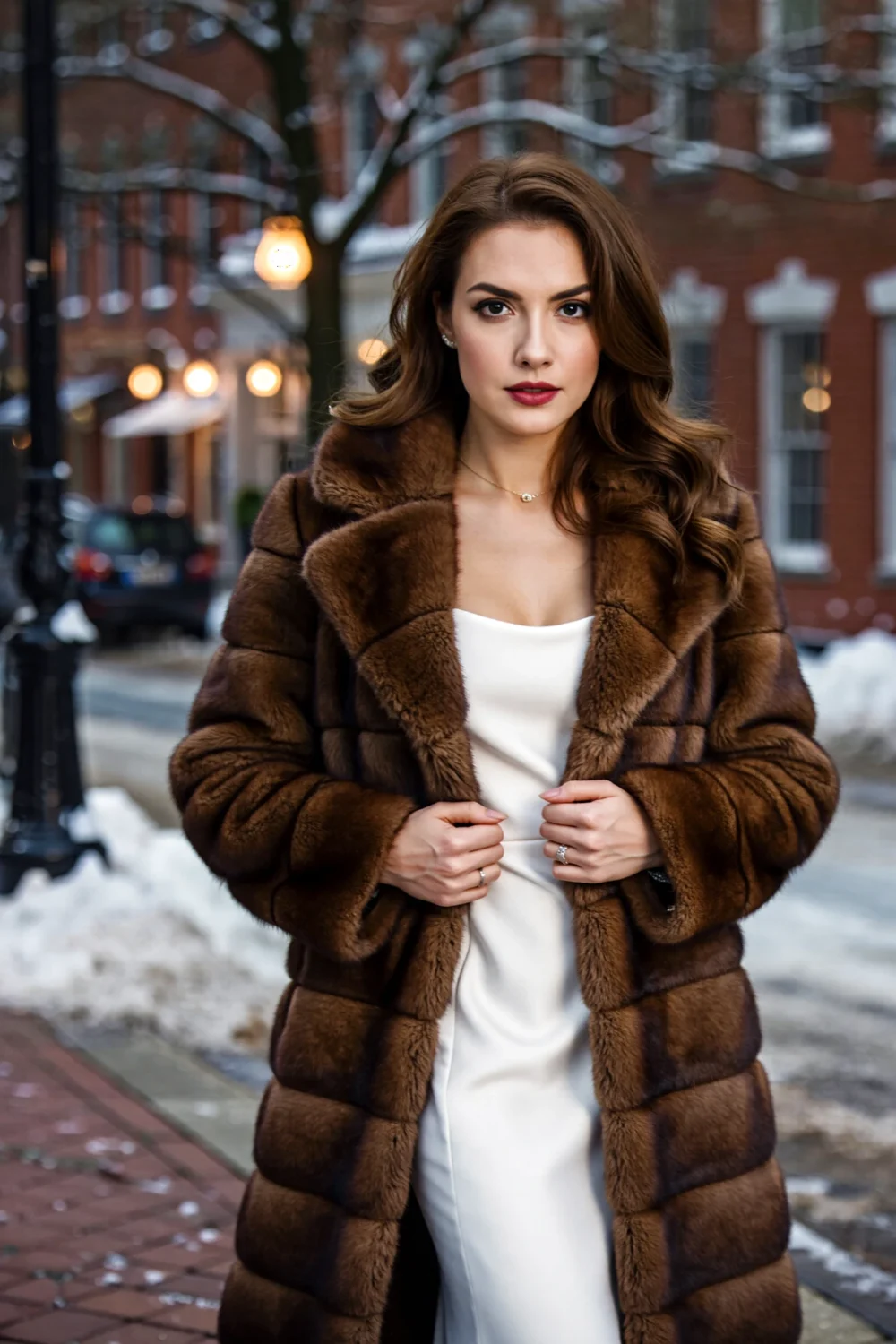 Woman in a long brown faux fur coat over a white column gown on a snowy city street, a luxurious red-carpet, photogenic glamour