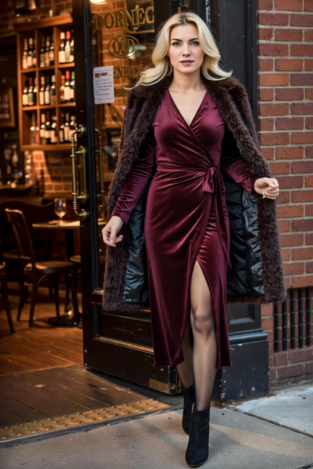 Woman in burgundy long-sleeve velvet wrap dress and faux-fur coat, stepping out to a jazz club on a crisp night in ankle boots.