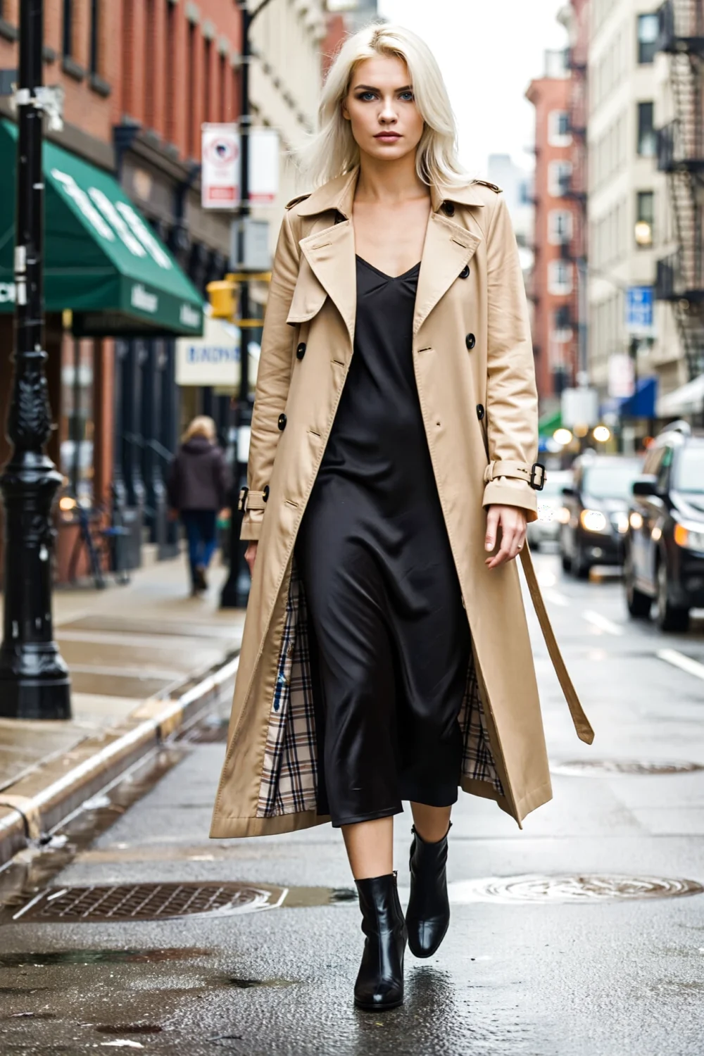 Woman walking city street in a beige long trench coat open over a black slip maxi, melding tailored lines with relaxed elegance