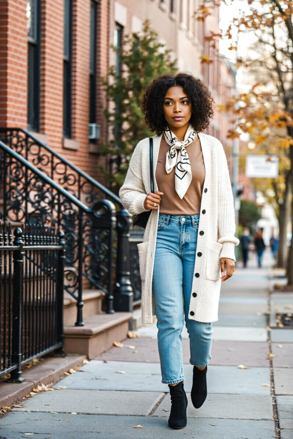 Woman walking on sidewalk in a longline cardigan high-rise light blue jeans, heeled sock-boots and a silk scarf for Parisian flair