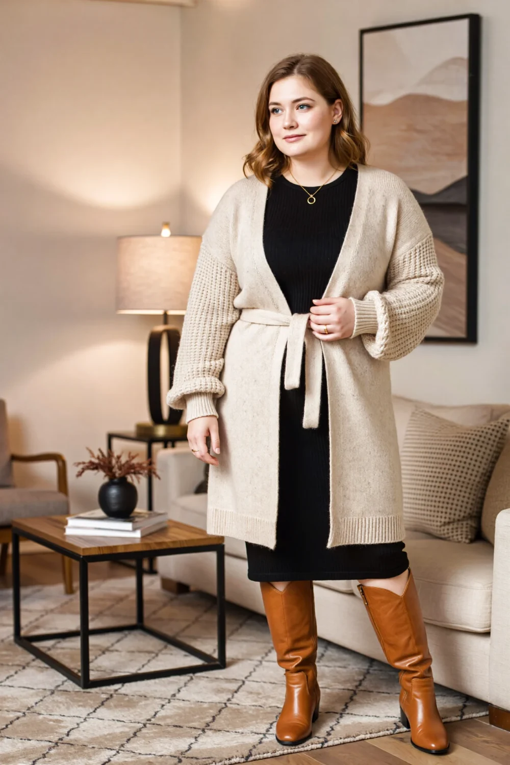 Woman wearing a beige longline knit cardigan with tie belt over a black midi dress, creating a defined-waist hourglass silhouette.