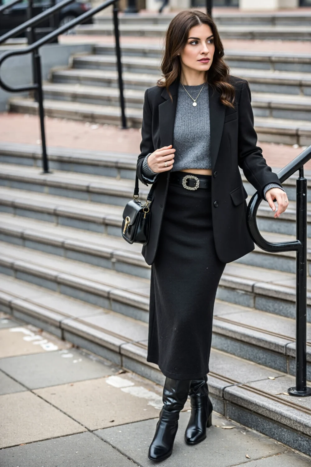 Woman in a grey longline crop knit, high-waist black wool maxi and tailored blazer, belted with a jeweled buckle and knee boots