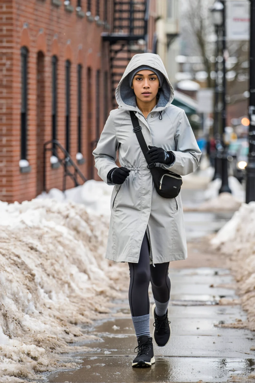 Jogger in a light longline parka with cinched waist, thermal leggings, merino socks and waterproof shoes on a snowy city sidewalk.