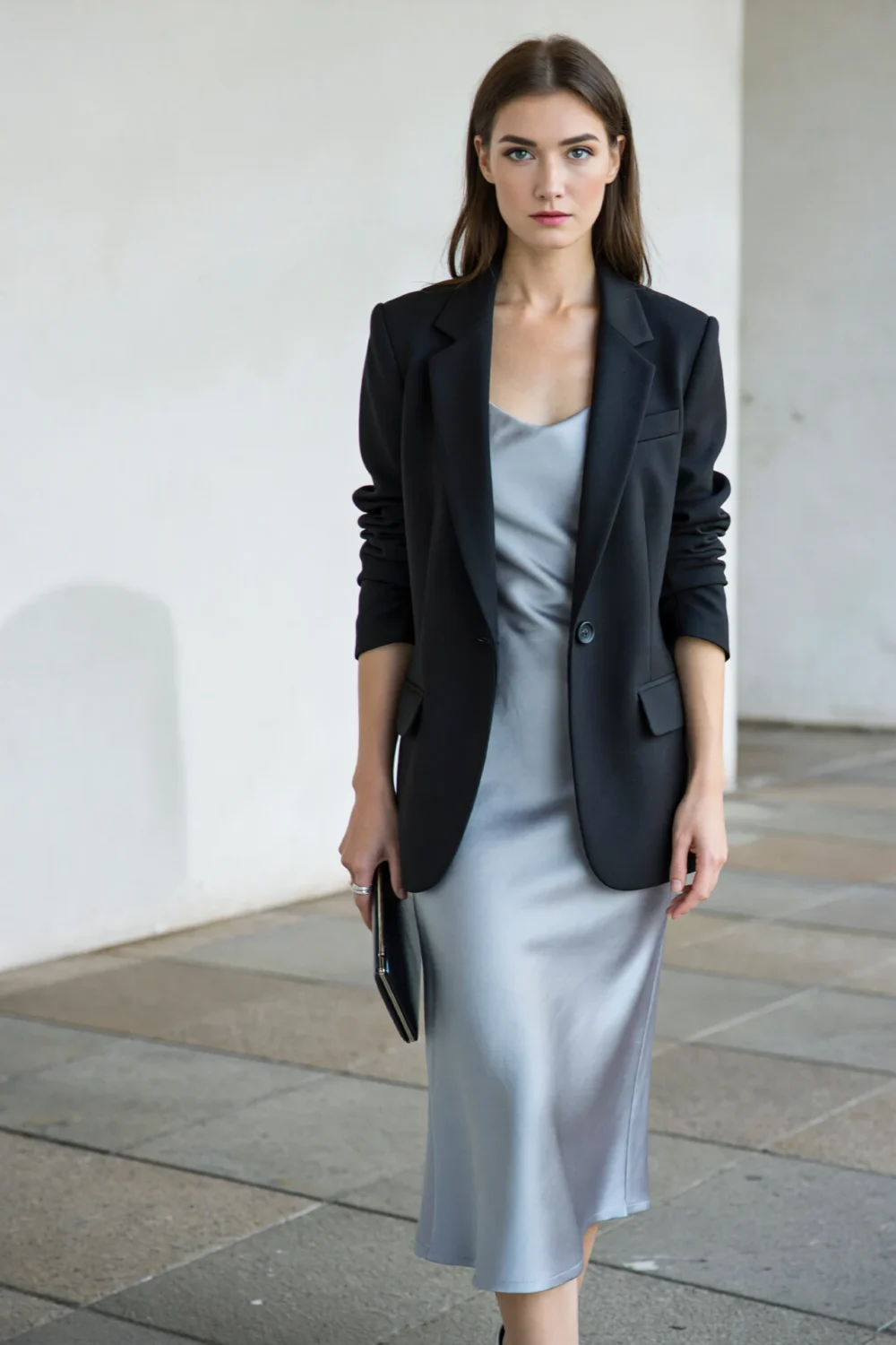 Model in a longline single-breasted black blazer over a silver column dress, minimal pockets and an elongated, refined silhouette.