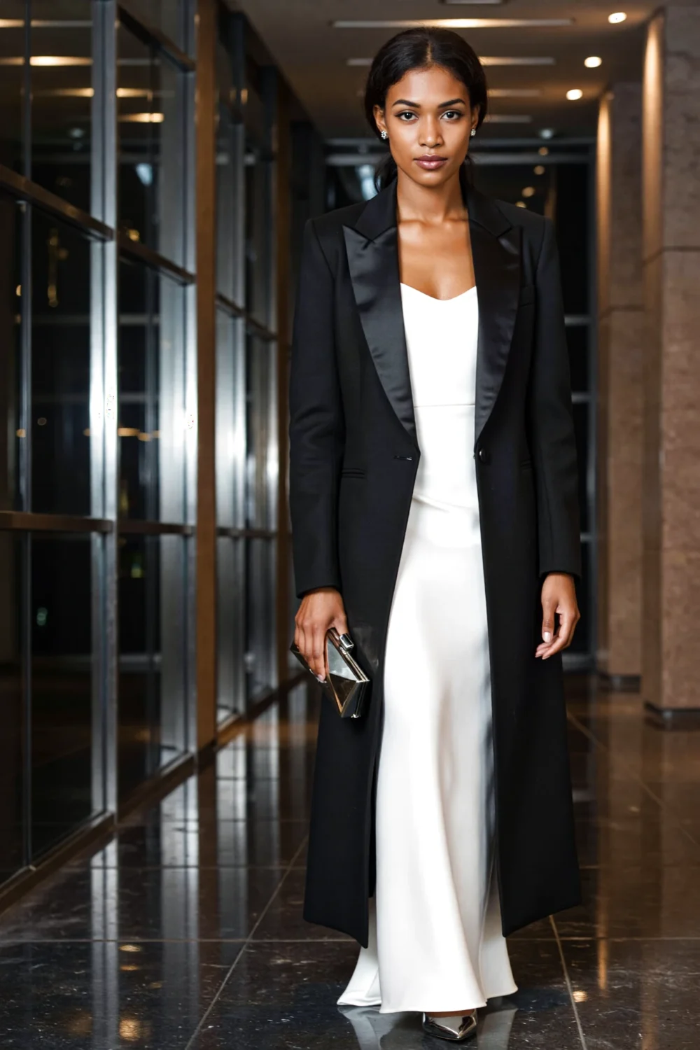Model wearing a long black tuxedo coat with satin lapels over a white column gown, holding a metallic clutch in a sleek lobby.