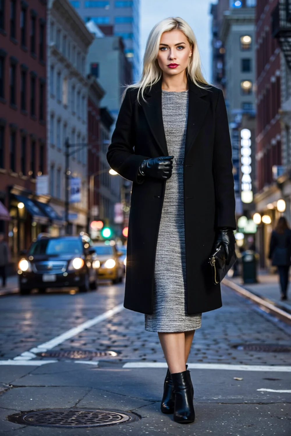 Blonde woman on a city street in a slim-shouldered longline wool coat, gently contoured at the waist over a long grey midi dress.