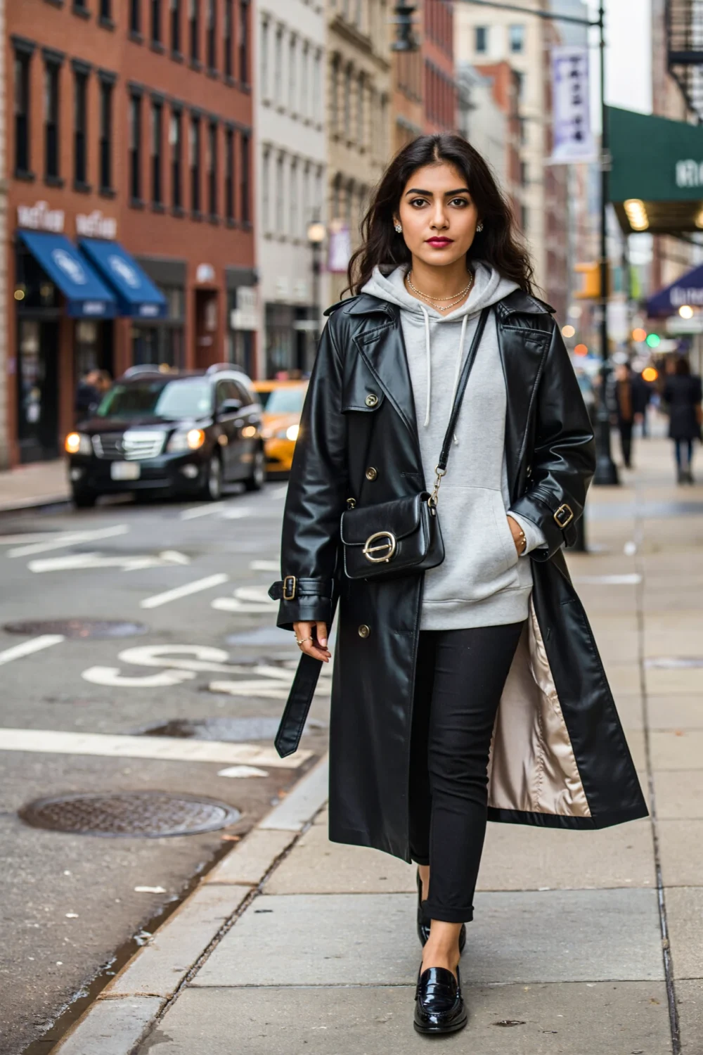 City-ready outfit with gray hoodie under black trench, black loafers, and crossbody bag for a polished off-duty street style look