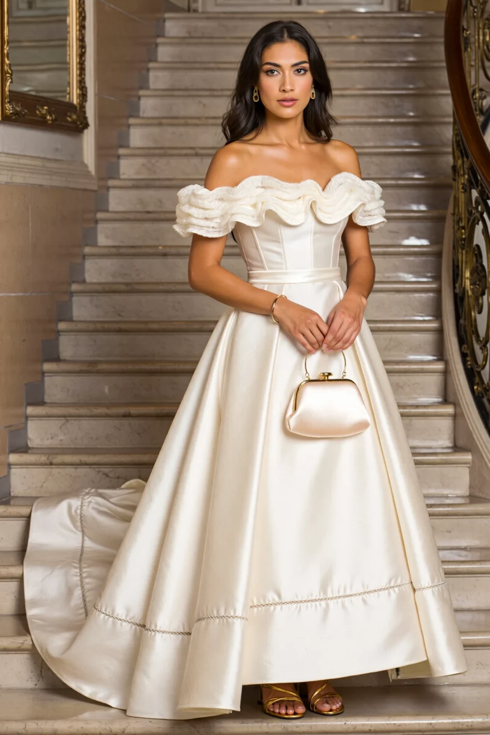 Elegant ivory ballgown with off-shoulder ruffled neckline, structured corset bodice, and full pleated skirt on grand staircase.