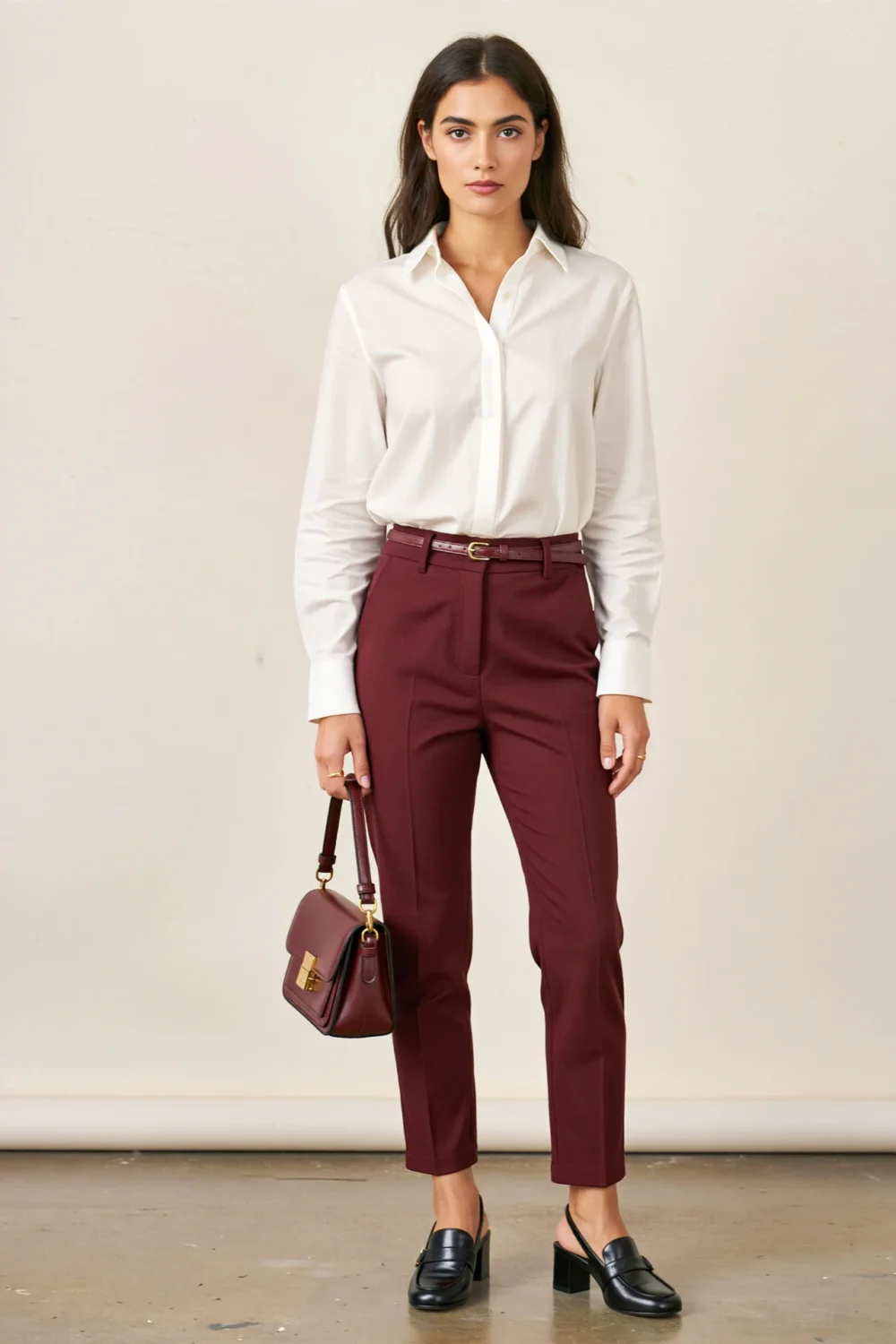 Woman in white shirt with maroon cigarette pants, slim belt, structured handbag and black loafers for polished office style