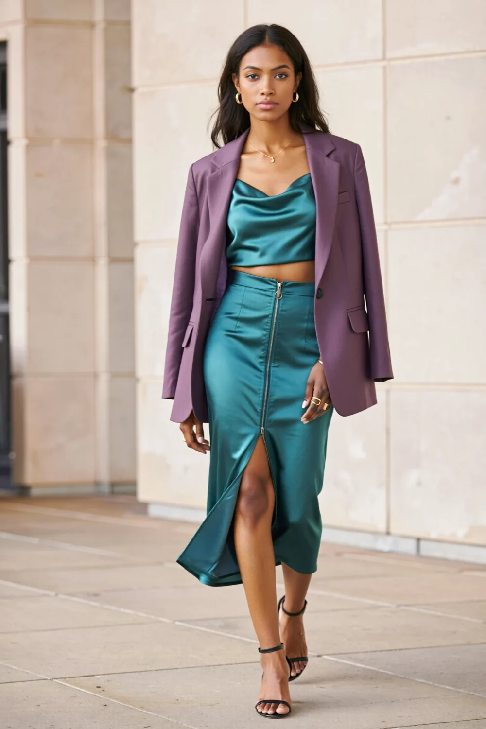 Woman in muted jewel-tone satin co-ord and blazer, with teal crop top and skirt, creating a polished professional fashion look