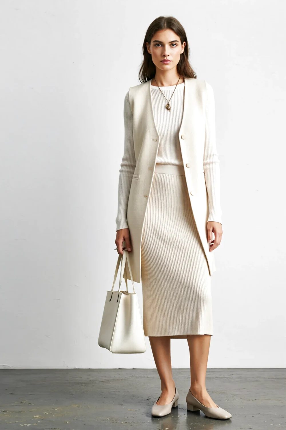 Model wearing a cream tonal knit set - matching knit top and skirt paired with a longline vest, streamlined modern corporate look.