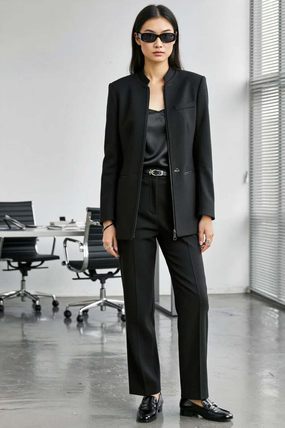 Black minimalist suit with square-neck satin shell, silver belt and loafers, creating a sleek futuristic office look with clean lines