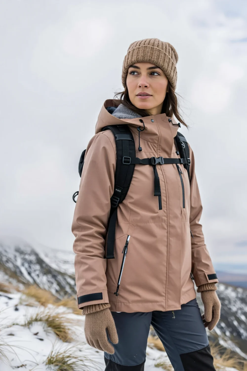 Woman in a matte taupe shell jacket, ribbed beanie and gloves with softshell pants and backpack minimal on a snowy mountain trail.