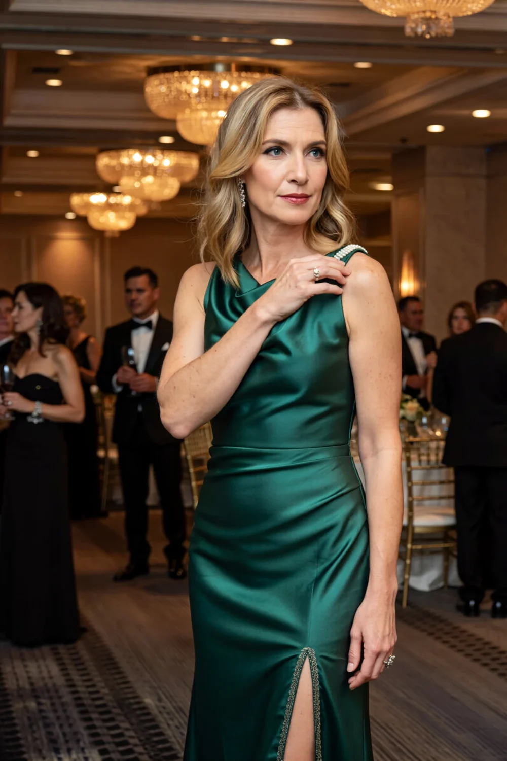 Woman in emerald matte silk floor-length gown with modest slit and pearl-strap accent at a black-tie optional gala by chandeliers