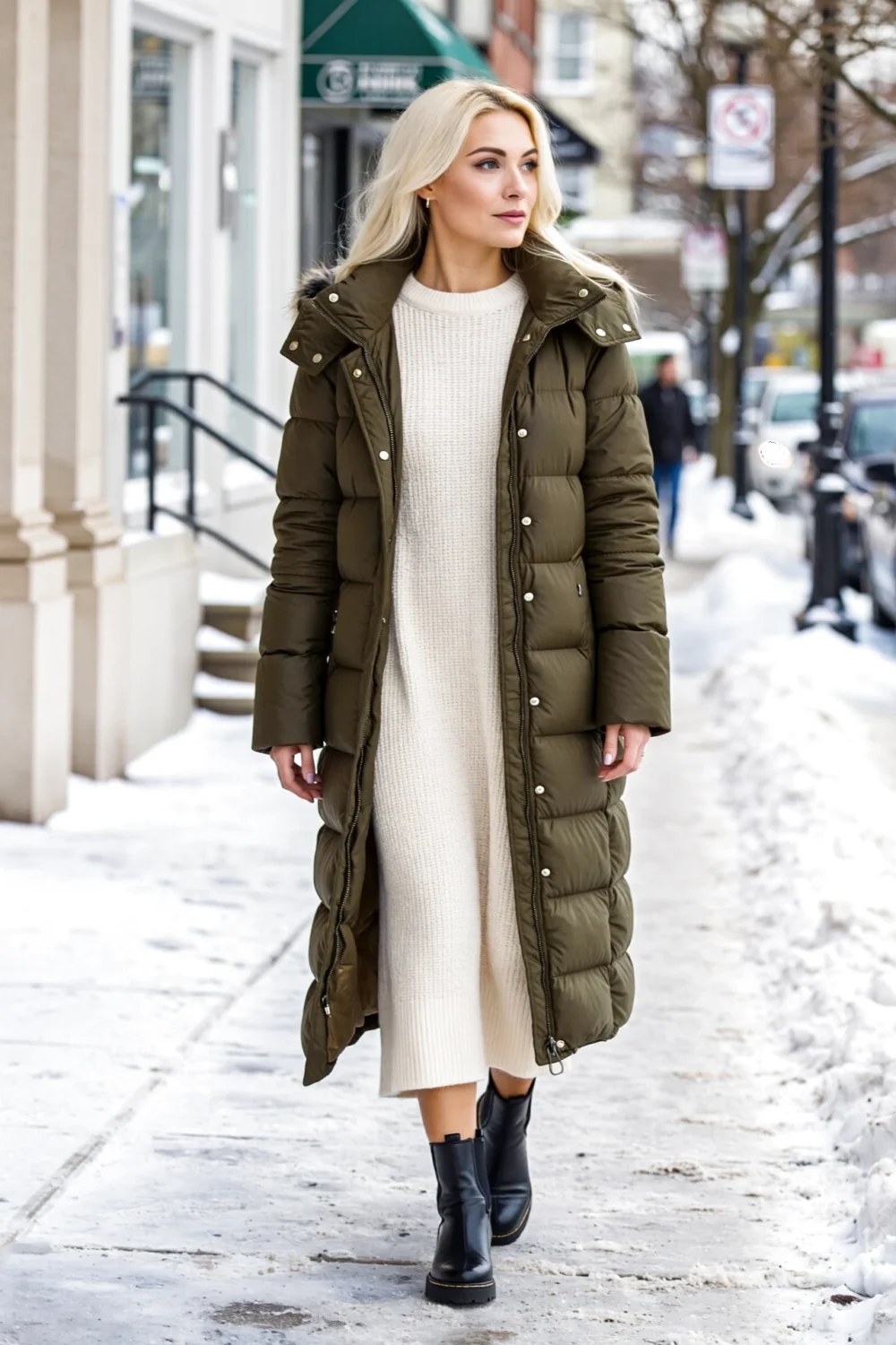 Blonde woman walks on a snowy sidewalk in an olive maxi puffer with vertical panels over a cream knit sweater maxi and black boots