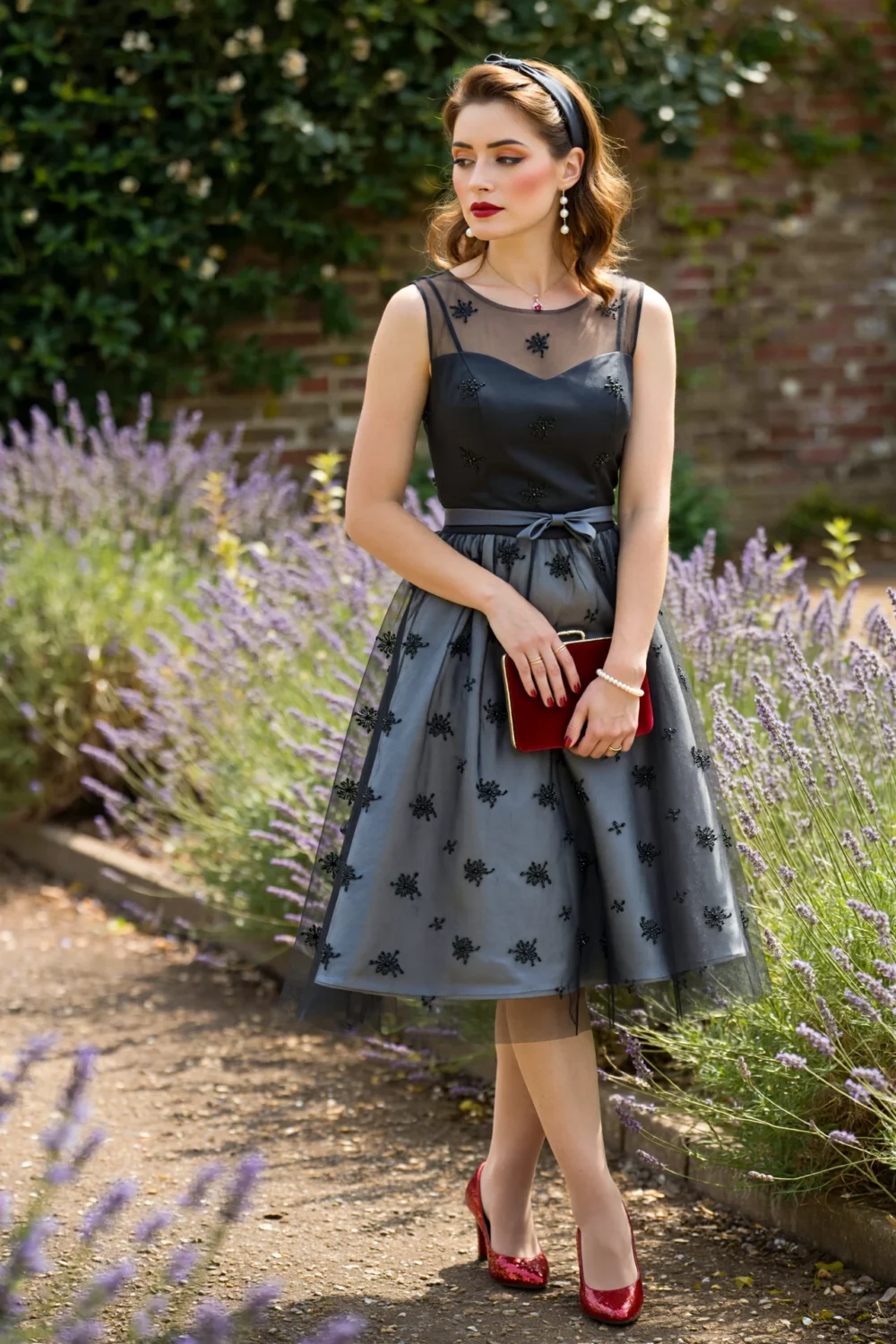 Blonde woman in a sleeveless charcoal-grey silk-organza midi dress with black floral embroidery, velvet belt, and red heels in a garden
