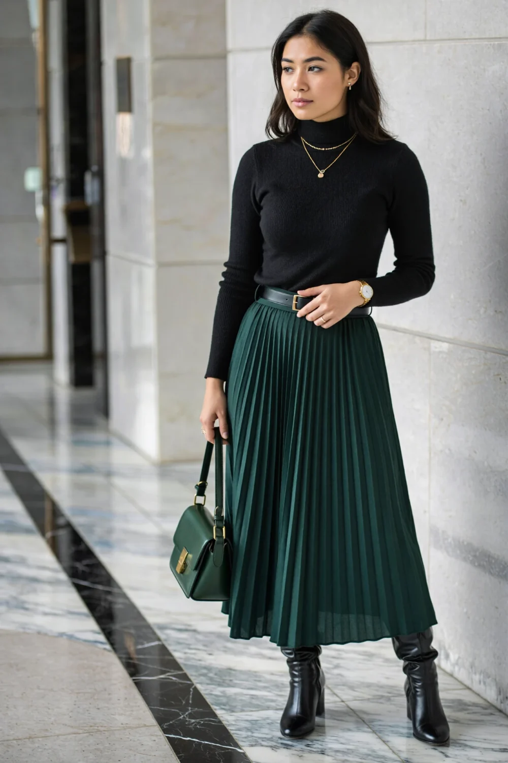 Woman in a black merino turtleneck and forest green pleated maxi, belted high waist, knee-high black boots and matching handbag.