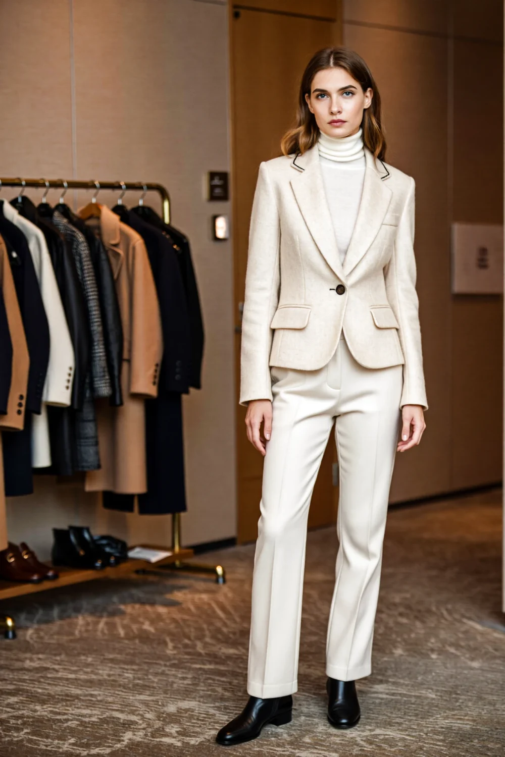 Model in cream merino turtleneck layered under a soft blazer with lined cream trousers and black ankle boots, sleek winter look