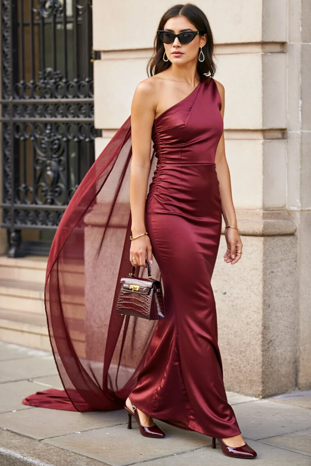 Merlot one-shoulder cape gown with sleek sculpted fit, cascading chiffon drape, flared hem, and polished formal elegance for evening wear