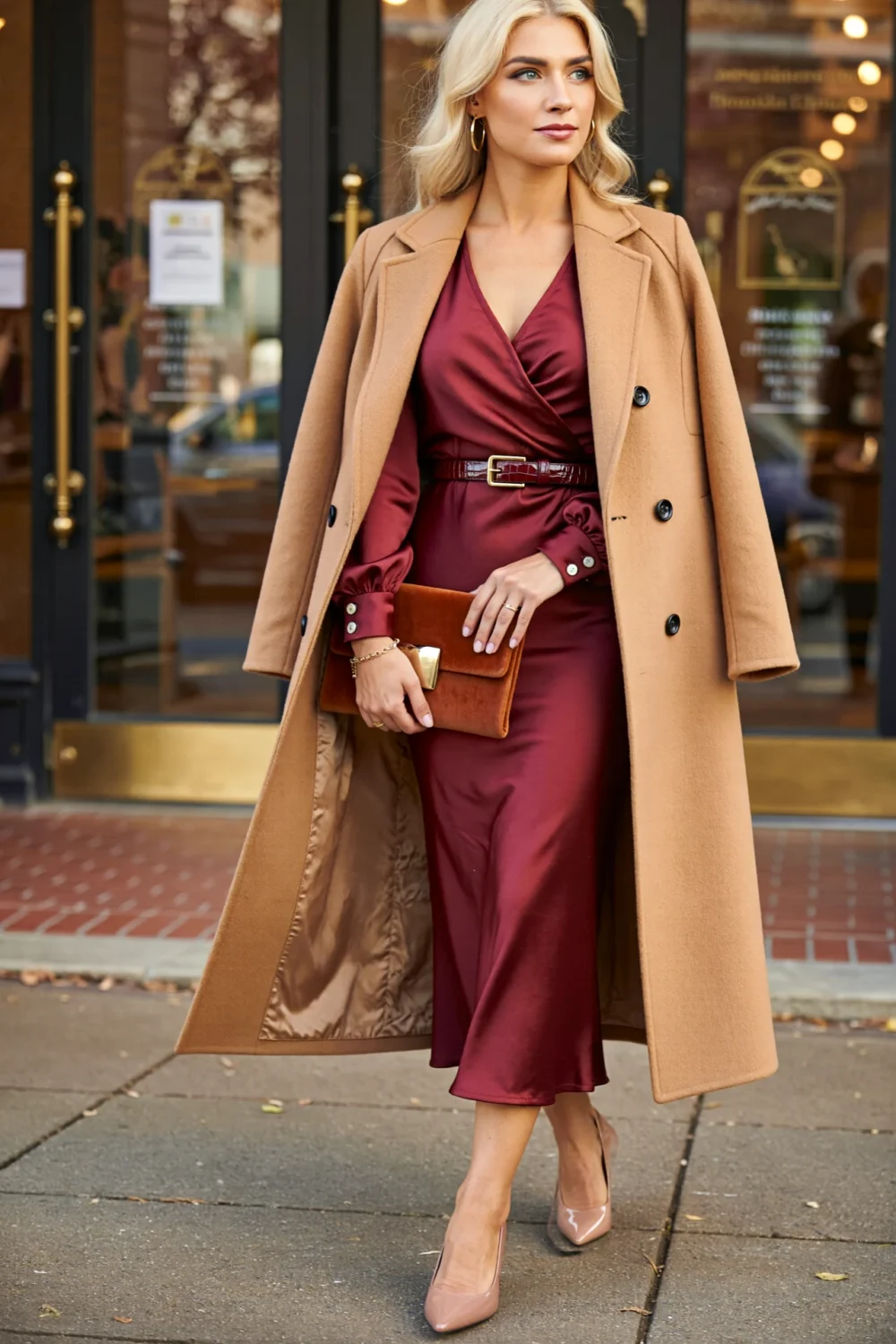 Blonde woman in a merlot satin midi dress with camel wool coat and belt, styled for a polished fall wedding guest look
