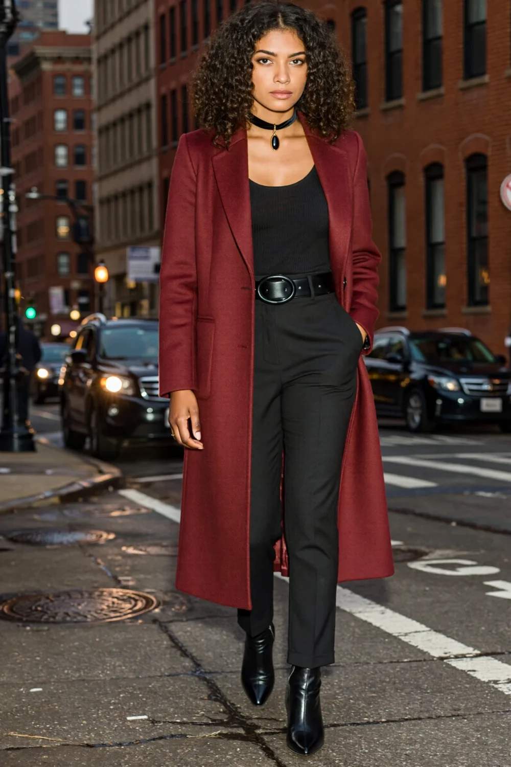 Woman in a merlot long coat over black bodysuit and tapered trousers, creating a sleek gothic city tailoring look at dusk.
