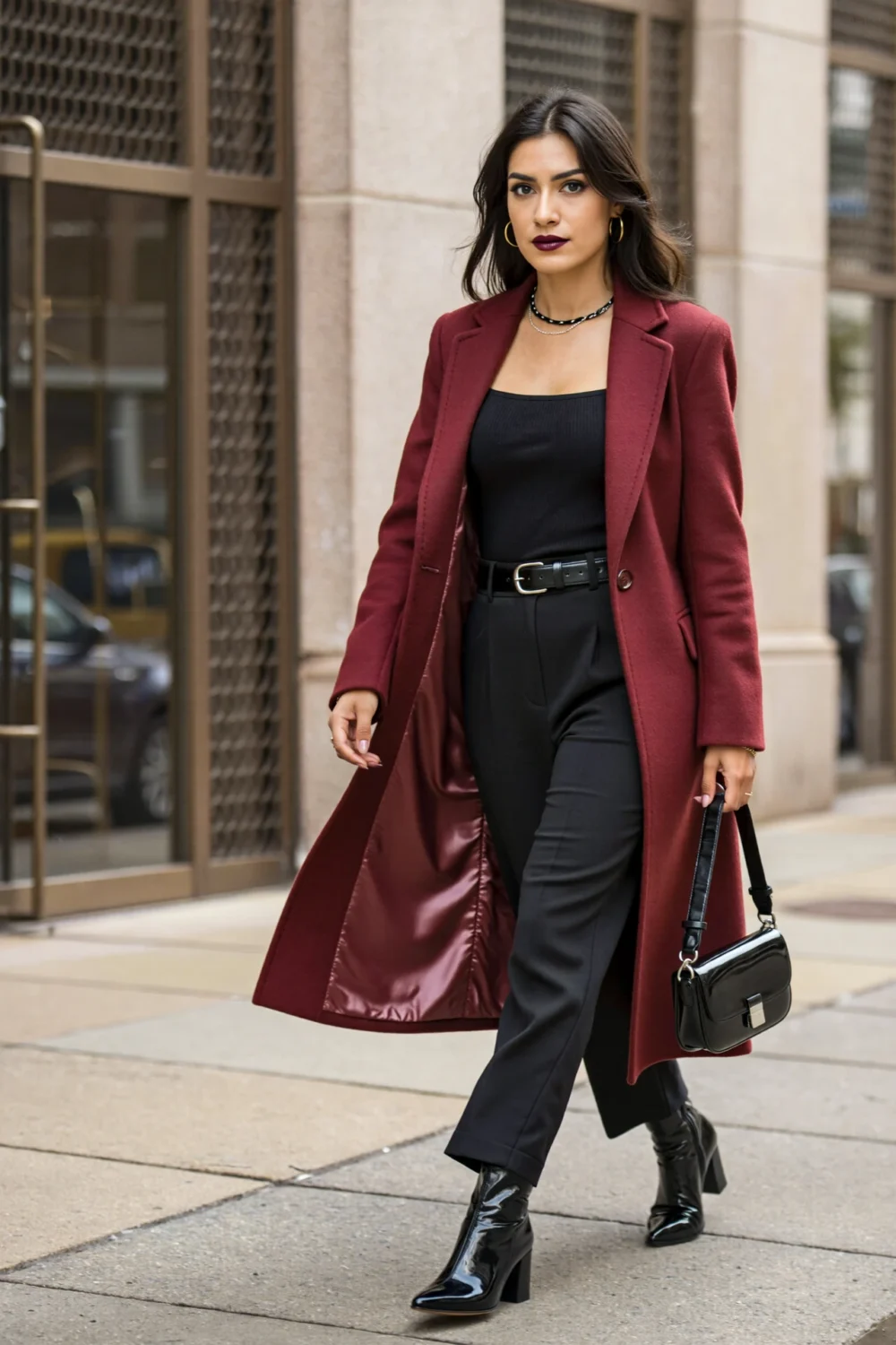 Woman in a merlot coat with black top and trousers, walking city streets in pointed boots, sleek fall office-to-evening style