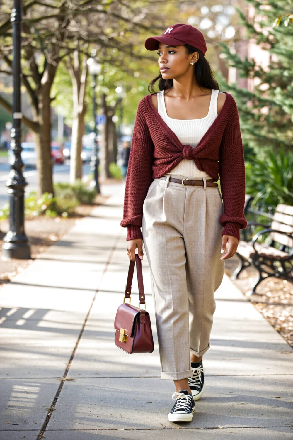 Woman walking in square-neck ribbed tank, relaxed pleated trousers and knotted merlot sweater, merlot cap, bag, canvas sneakers