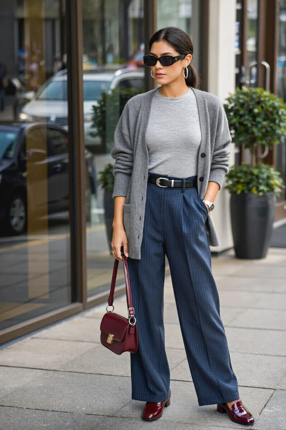 Street style outfit with gray knit cardigan, navy pinstripe trousers, merlot shoulder bag, and oxblood loafers for a polished look