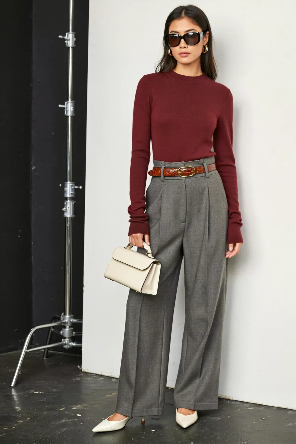 Merlot knit top with steel-grey pleated wide-leg trousers, cognac belt, ivory pumps and structured clutch in tailored fashion look