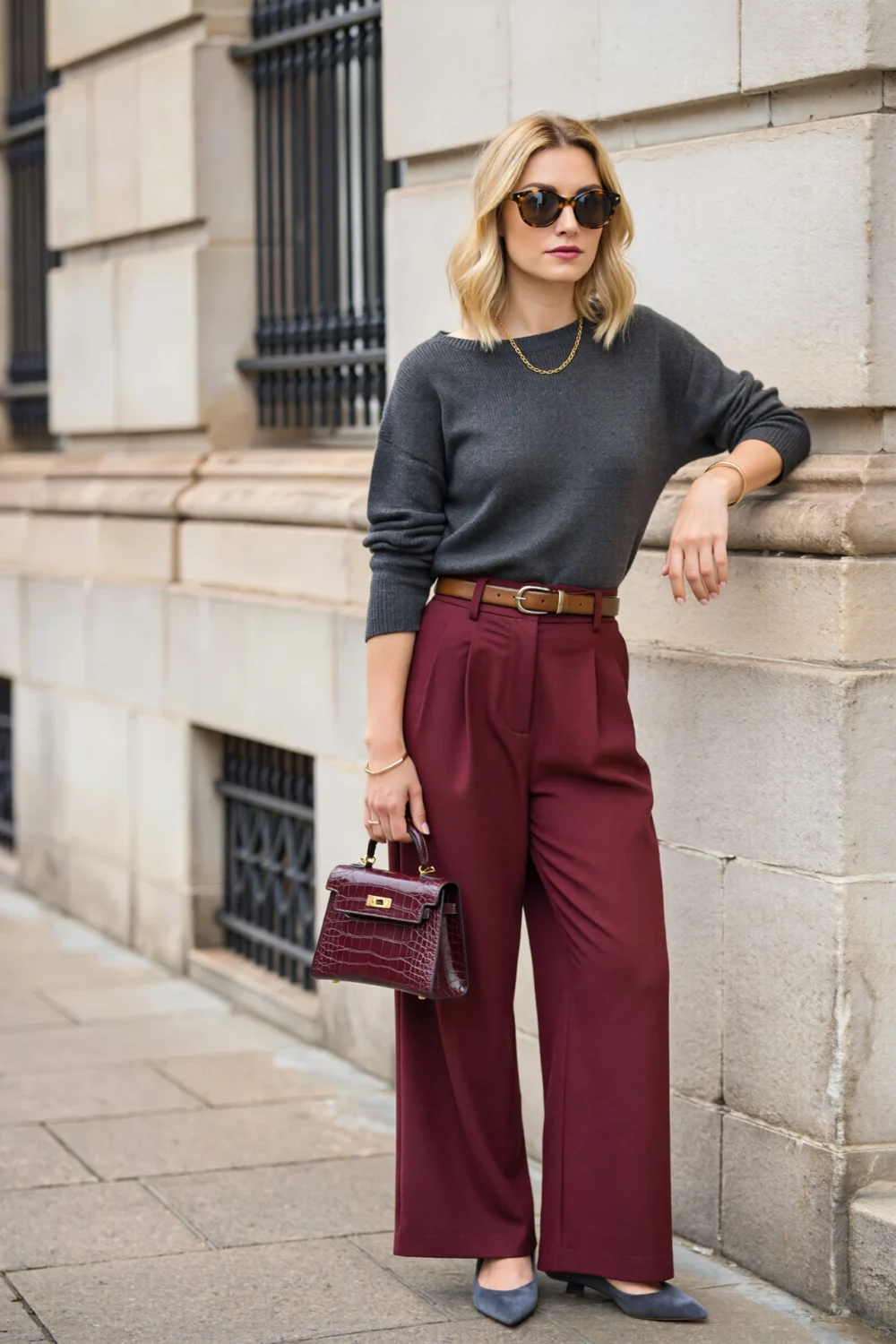 Woman in charcoal knit, merlot wide-leg trousers, slim belt, slate pointed pumps, and burgundy top-handle bag for polished street style