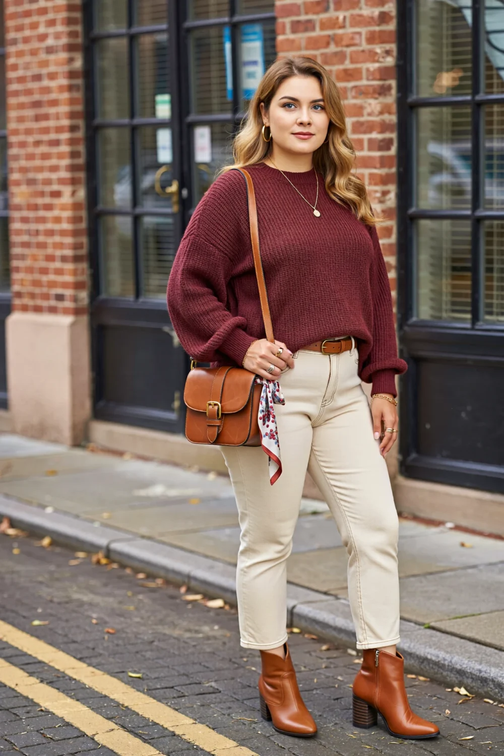 Woman in a merlot sweater with ecru cropped jeans, cognac boots and caramel bag, cozy polished late-fall Thanksgiving outfit outdoors