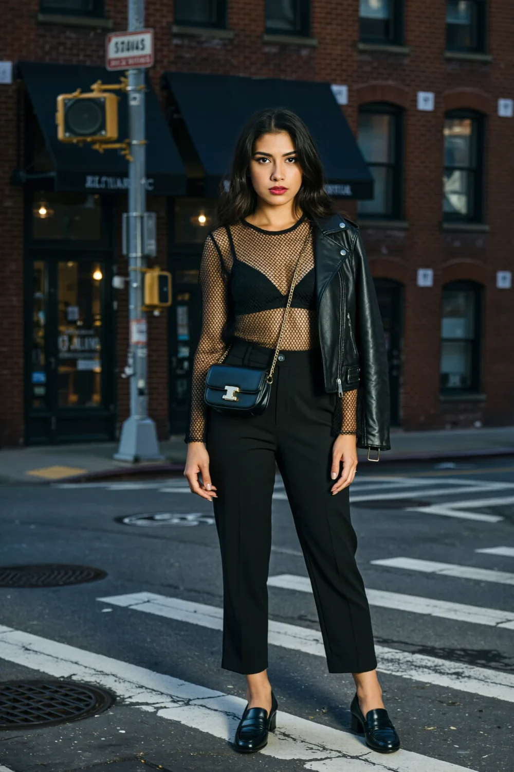 Woman in sheer mesh top over bralette, high-waist tailored trousers, moto jacket and loafers, styled for chic streetwear on city street