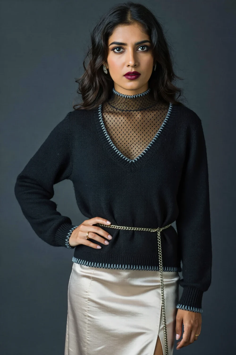 Woman in black V-neck sweater layered over sheer mesh turtleneck, styled with satin skirt and slim belt for chic fall dressing