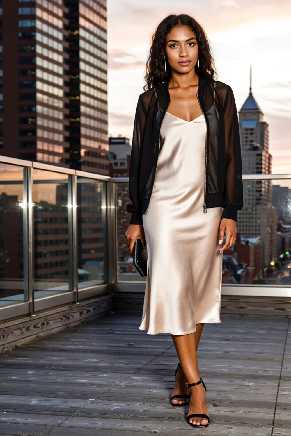 Model in a semi-sheer black chiffon bomber layered over a champagne silk slip dress on a city rooftop at sunset, airy texture.