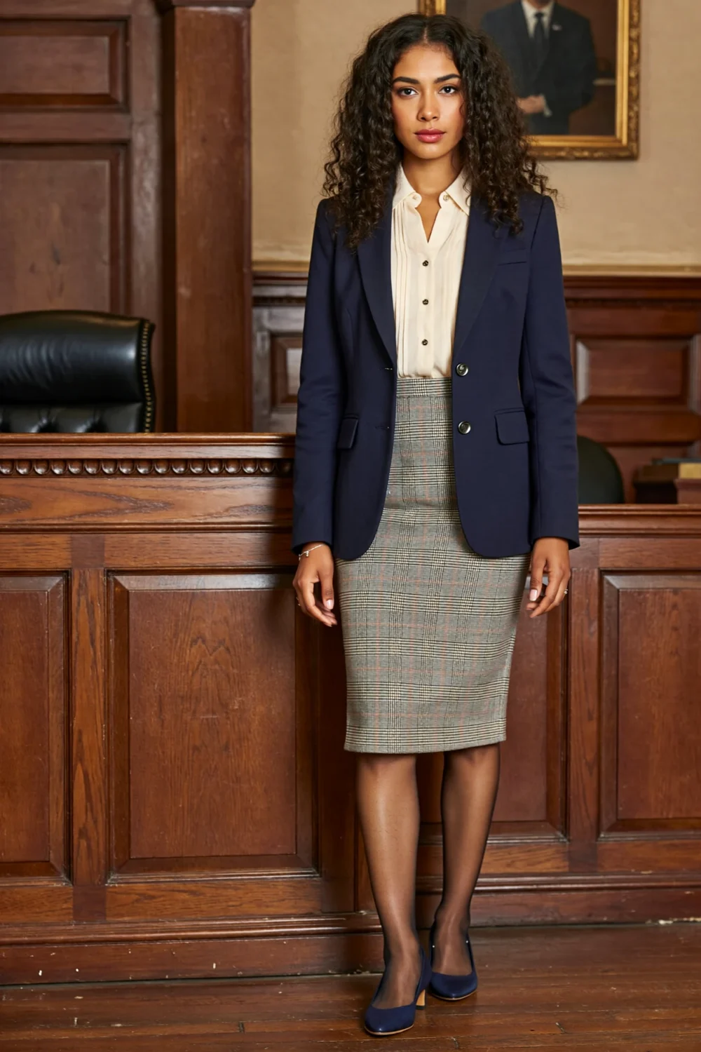 Navy blazer, ivory blouse, and micro-check pencil skirt create a polished courtroom-ready look with subtle texture and tailored elegance.
