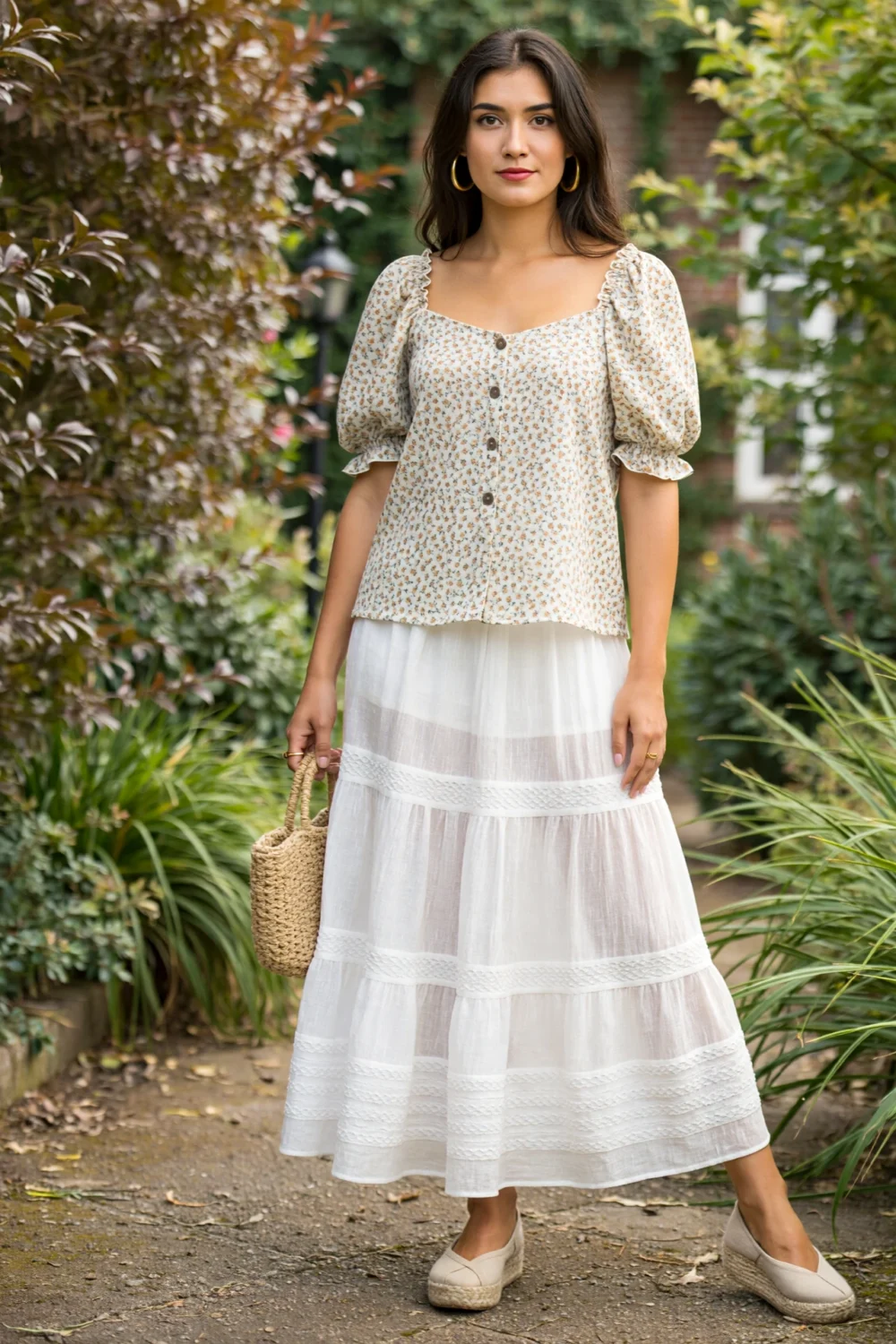 Woman in micro-floral puff-sleeve blouse, tiered white maxi skirt, and espadrille wedges, carrying a woven bag in a garden setting