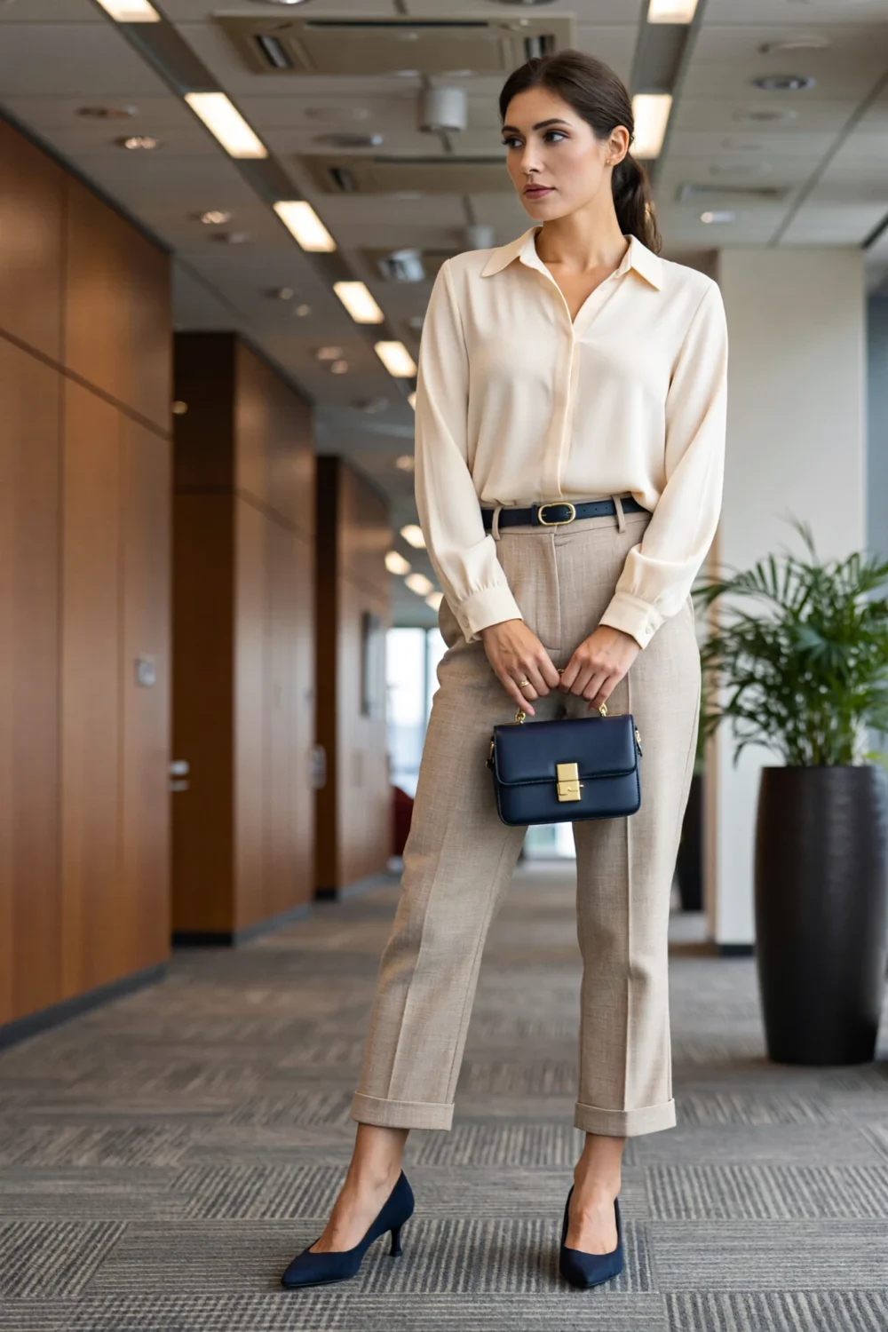 Woman in cream blouse and mid-beige trousers wearing navy pumps and a navy belt, holding a navy handbag for a cohesive office look