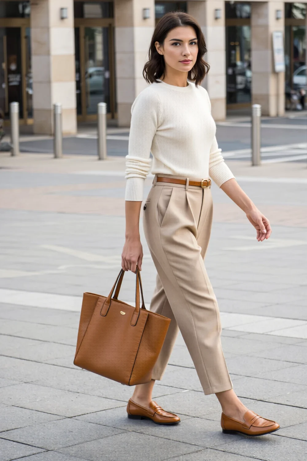 Woman walking in city in cream knit with tailored mid-beige trousers, tan leather loafers and matching tote for a smart luxe look